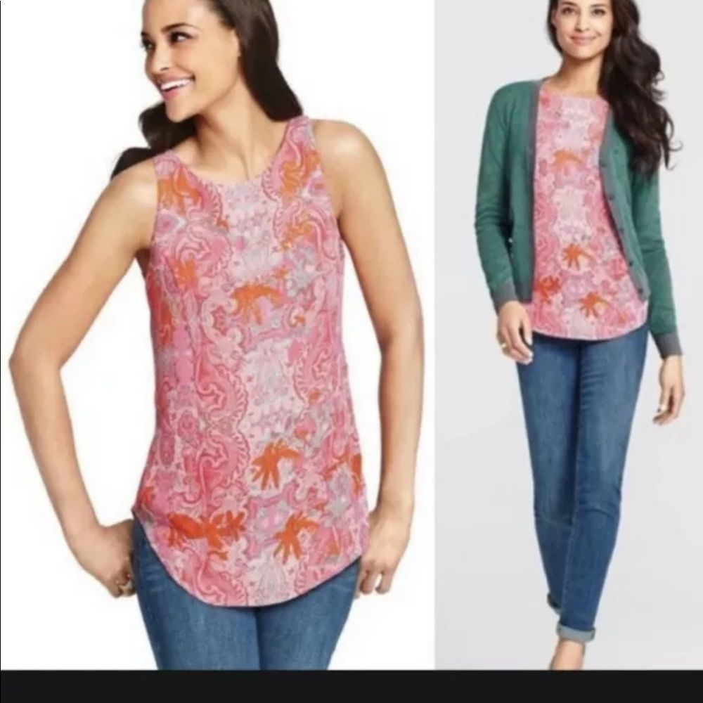 CAbi, Pink|Orange Print Sleeveless Blouse. NWOT! Size Medium.
